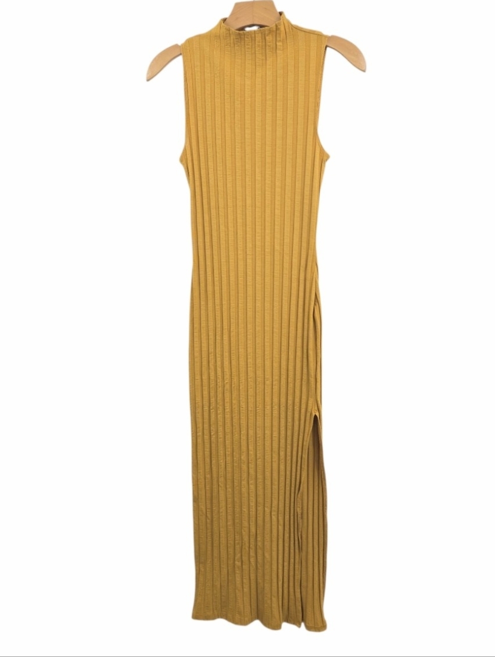Reformation Lynn Midi Dress Sleeveless Mustard Ribbed Side Slit - Picture 2 of 12